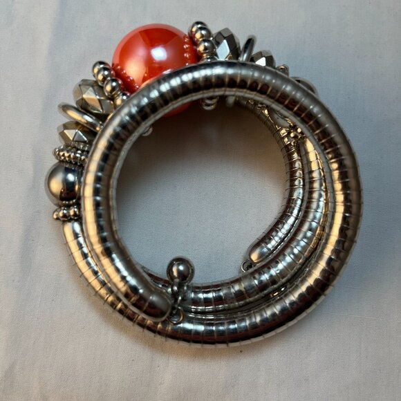 Snake Cuff Bracelet With Large Pearlescent Orange Bead and Silver-Tone Accents - Picture 2 of 2